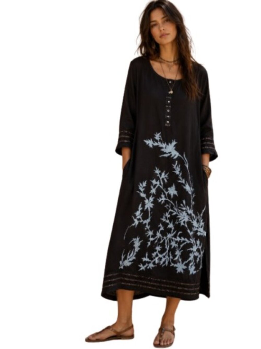 Vintage Excellent Womens Kaftan Maxi Dress Brown Asian  Floral Embroidery XL